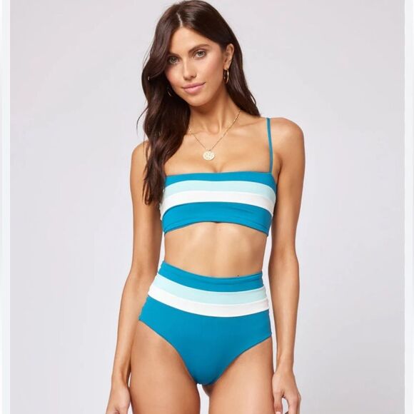 L*Space Rebel Stripe Bikini Top NWT Beautiful Mediterranean-Cream- Pool XS $99 - Picture 8 of 10